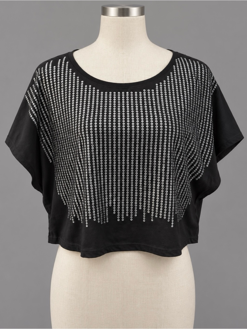 Black Stenciled Silver Circles Crop Butterfly Top